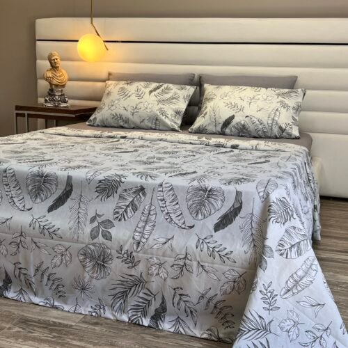 Parure de Lit Feuilles Élégantes – Gris et Blanc