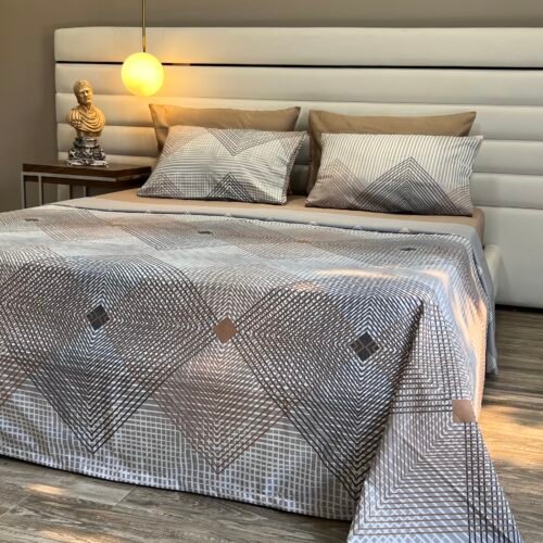 Parure de Lit Géométrique – Gris Élégant et Beige Chaleureux
