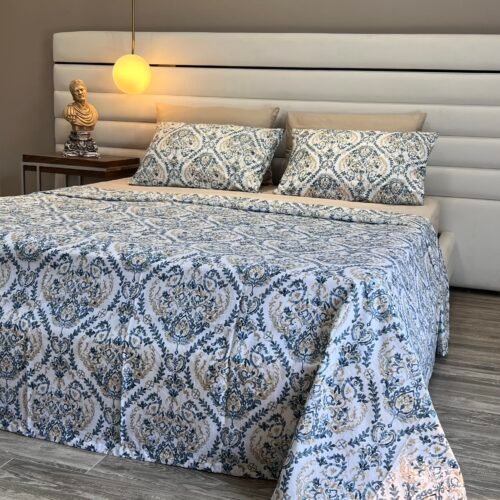 Parure de Lit Élégance Baroque – Bleu et Beige Intemporel