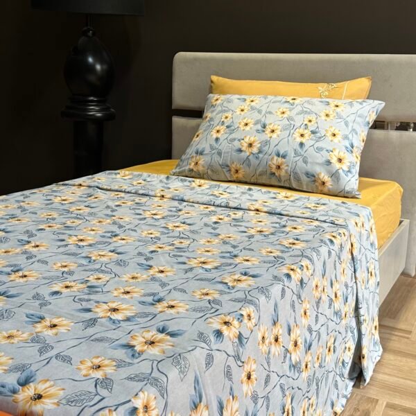 Parure de Lit Lumière Florale – Jaune Soleil & Bleu Brume