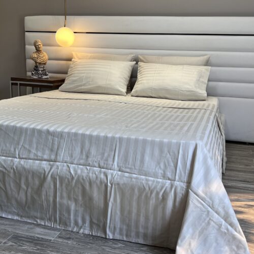 Parure de Lit Satin De Coton Rayures - Ivoire & Beige Doux