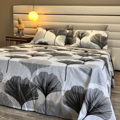 Parure de Lit Feuilles de Ginkgo – Épure Gris Anthracite