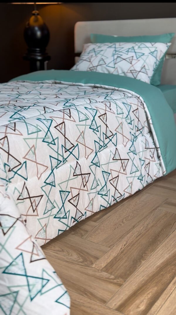 Couette 1 Place Éclats Graphiques – Bleu Givre & Taupe