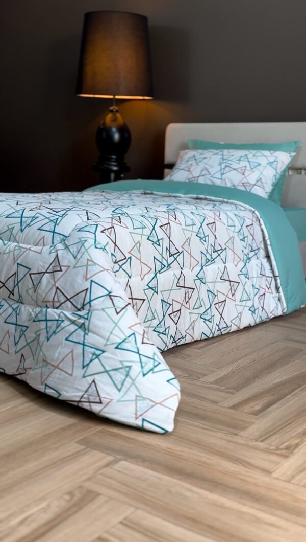 Couette 1 Place Éclats Graphiques – Bleu Givre & Taupe