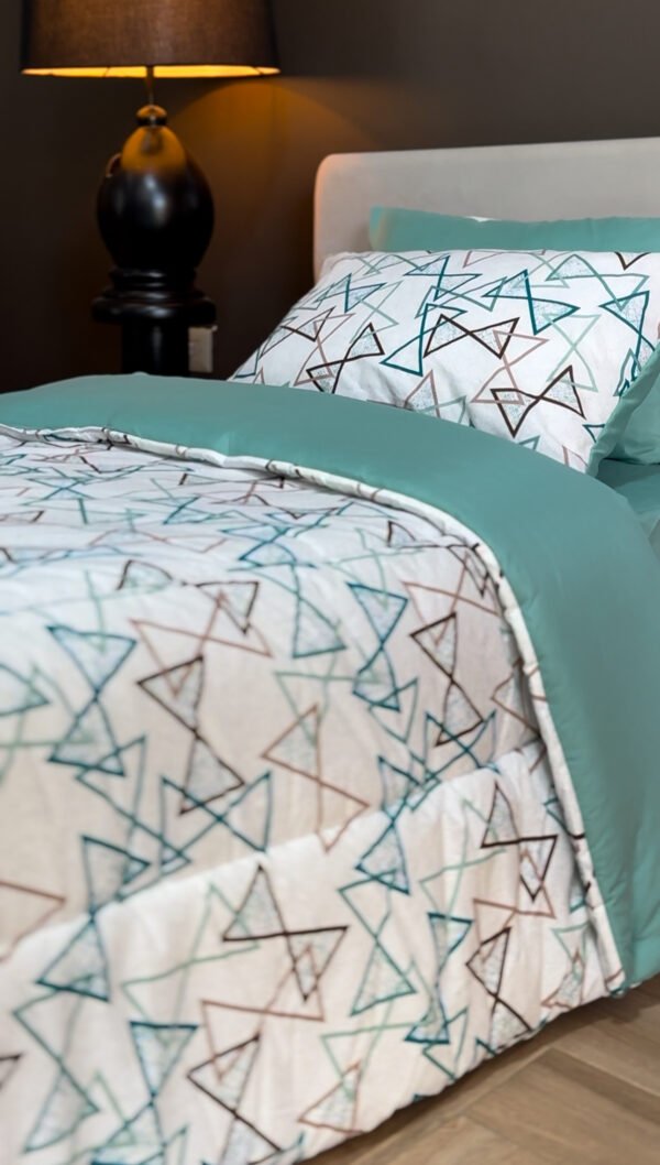 Couette 1 Place Éclats Graphiques – Bleu Givre & Taupe