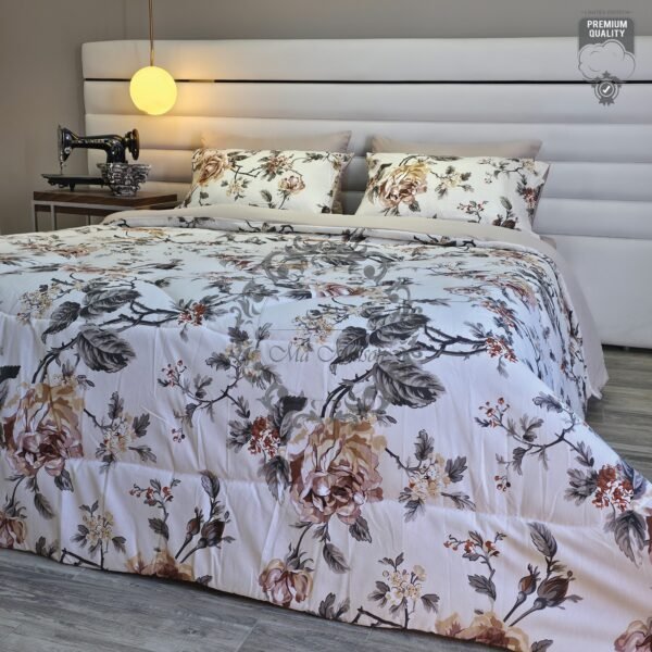 5 Couette 2 Places Élégance Florale – Beige & Gris