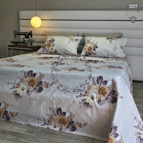 11 Parure de Lit 6 Pièces – Fleurs Élégantes Beige & Crème