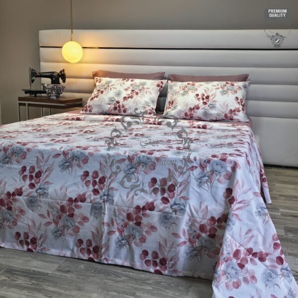 Parure de Lit Élégance Florale – Feuillage Burgundy & Gris