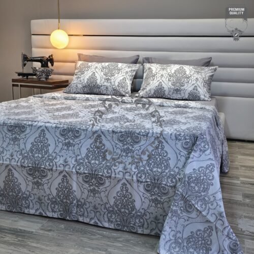 Parure de Lit Élégance Baroque – Gris Perle & Blanc