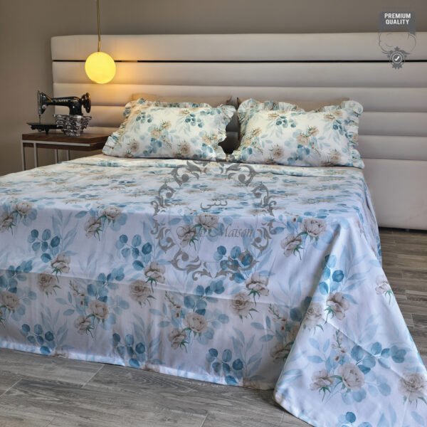 5 Parure De Lit Taies à Volant – Fleurs Bleu Poudré & Beige