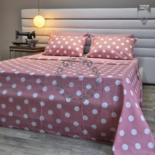 Parure de Lit 6 Pièces – Rose Pastel à Pois Blancs