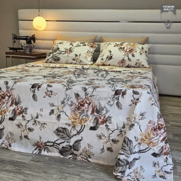 Parure de Lit Élégance Florale – Beige & Feuillage Serein