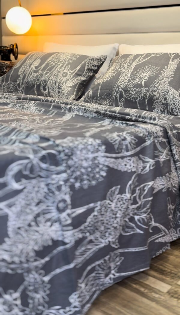 Parure de Lit 6 Pièces – Gris Élégance Florale