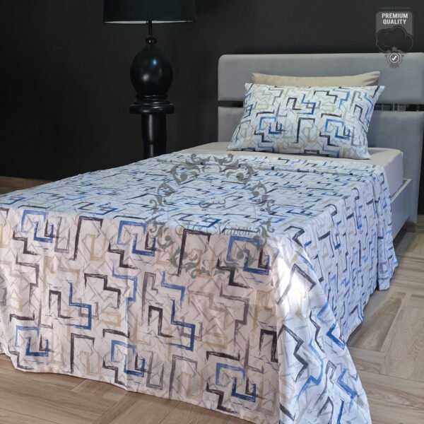 Parure de Lit Géométrie Élégante – Bleu Gris Beige