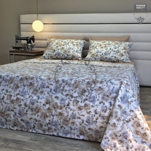 Parure de Lit Orchidée d’Argent – Beige Brume & Bleu Perle