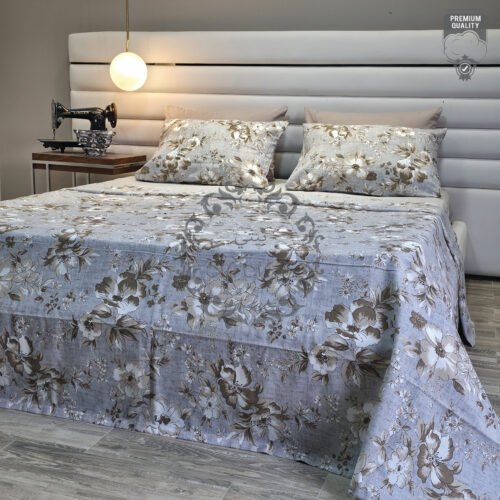 Parure de Lit Élégance Florale – Lin Gris et Fleurs Taupe