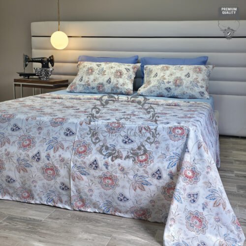 Parure de Lit Jardin d’Été – Fleurs Bohèmes Bleu & Rouge