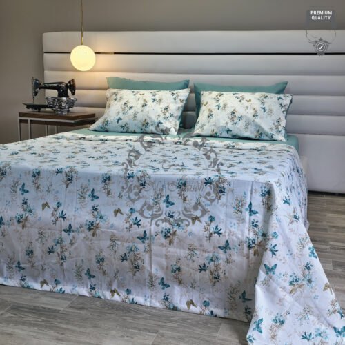 Parure de Lit Papillon d’Aquarelle – Bleu Céleste & Lin Doré