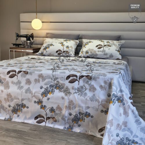 Parure de Lit Jardin de Brume – Feuillage Gris & Éclats Miel