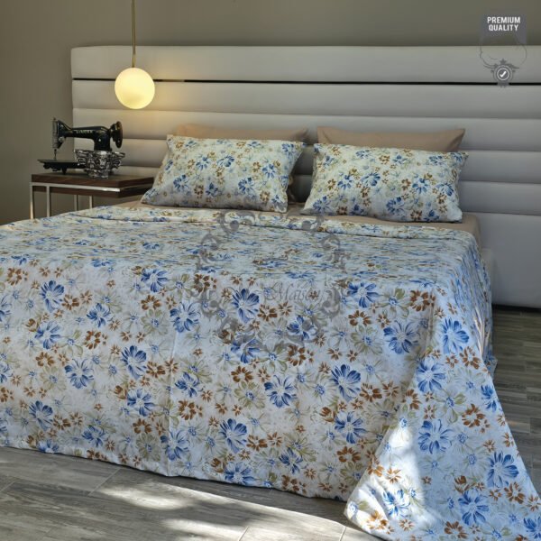 Parure de Lit Douceur Florale – Bleu Azur & Terre d’Ombre