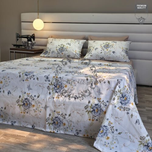 Parure de Lit Jardin de Papillons – Bleu Brume & Fleurs d’Or