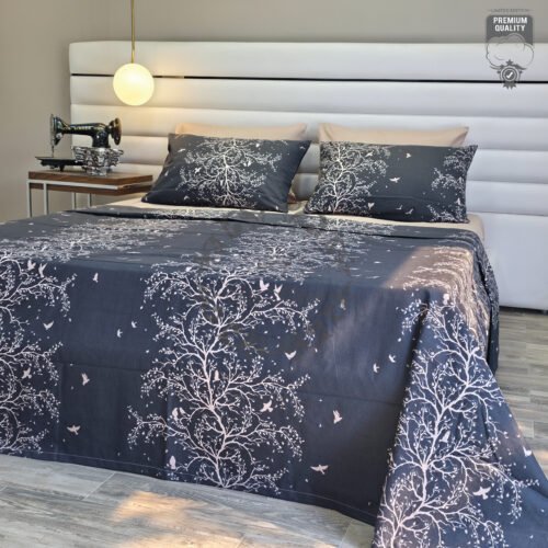 Parure de Lit Arbre Enchanté – Gris Nuit & Blanc Éclatant