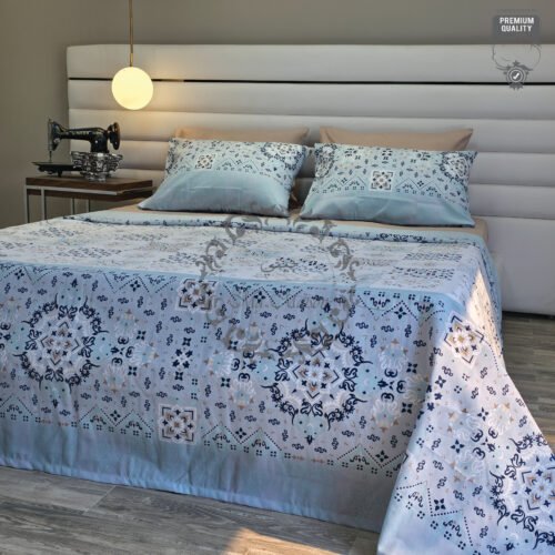 Parure de Lit Azulejos Élégants – Bleu Brume & Beige Sable
