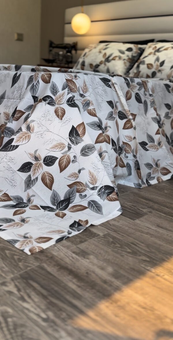 Parure de Lit Feuillage d’Automne – Blanc Gris Brun