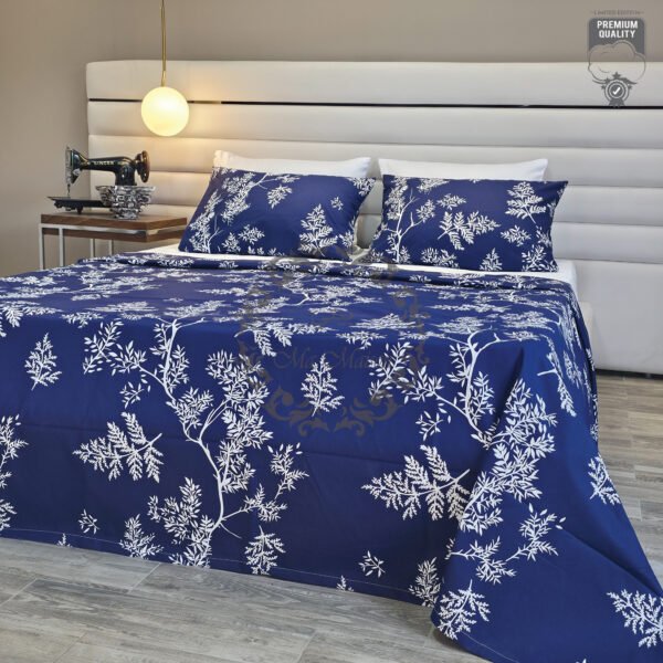 20 Parure de Lit Bleu Nuit – Feuillage Blanc Élégant