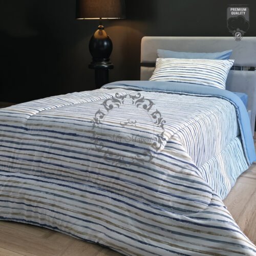 1 Couette Une Place et Demi – Rayures Bleues et Grises