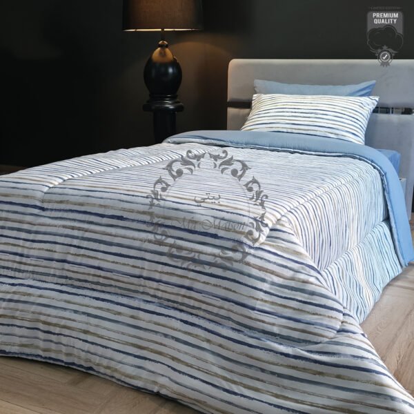 1 Couette Une Place et Demi – Rayures Bleues et Grises