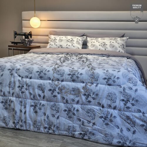 Couette 2 Places Motif Hortensias Gris – Élégance Florale
