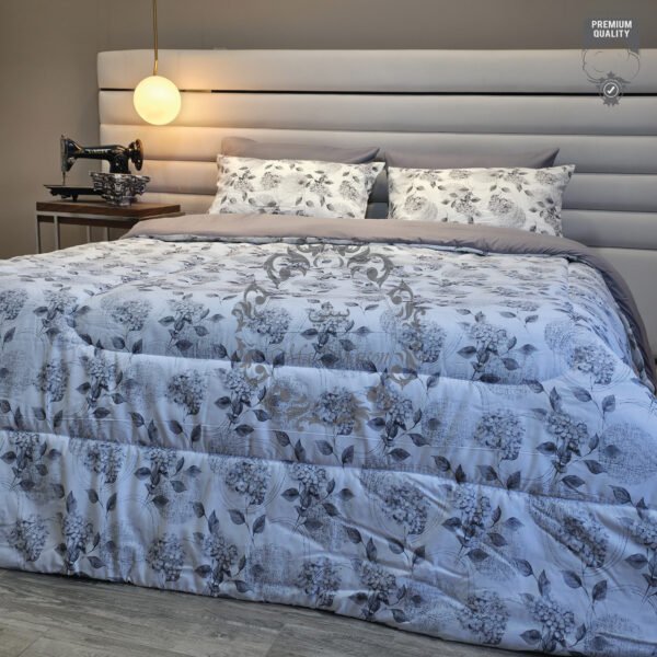 12 Couette 2 Places Motif Hortensias Gris – Élégance Florale