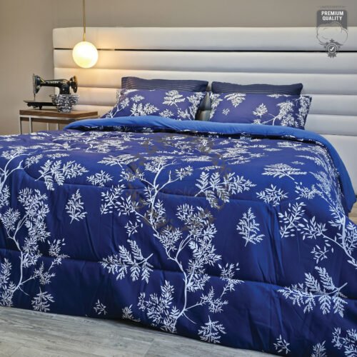 Couette 2 Places Bleu Nuit – Motif Feuillage Blanc Élégant