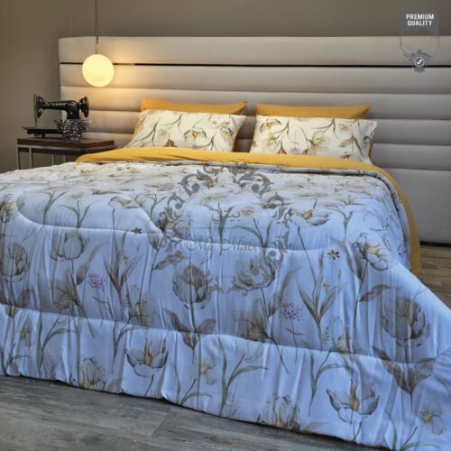 Couette 2 Places Jardin Doré – Motif Floral Beige et Jaune