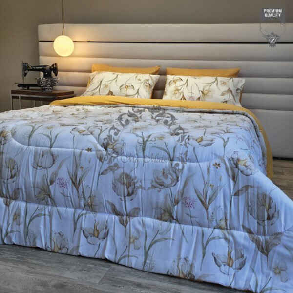 Couette 2 Places Jardin Doré – Motif Floral Beige et Jaune