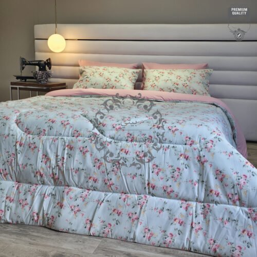 Couette 2 Places Rosalie – Fleurs Roses sur Vert d'Eau