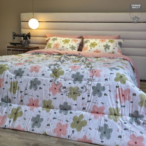 Couette 2 Places Jardin Pastel – Motif Floral Rose et Vert Sauge