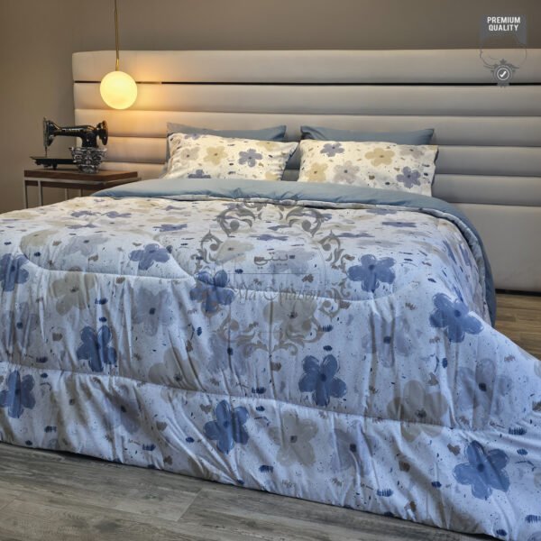 24 Couette 2 Places Fleurs Bleues et Beiges – Design Moderne