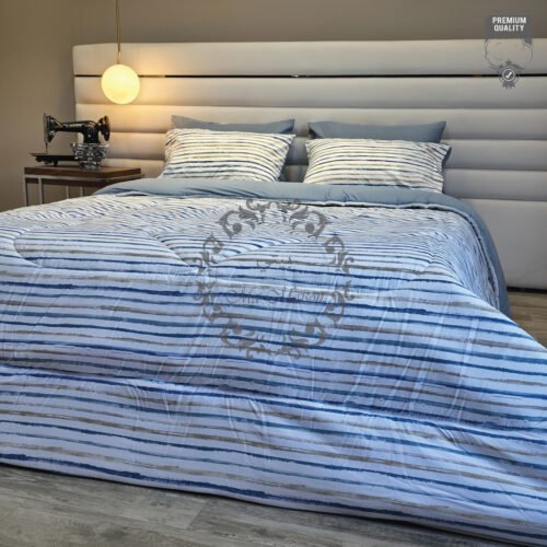 Couette 2 Places Horizon Bleu – Rayures Bleues et Grises