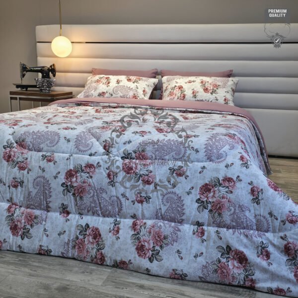 Couette 2 Places Rosalie – Motif Floral Rose et Cachemire Élégant