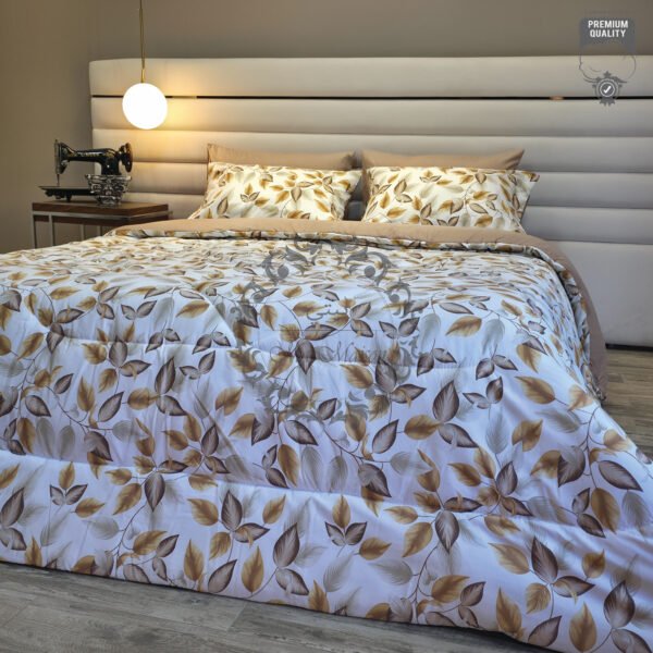 35 Couette 2 Places Imprimé Feuilles Beige et Doré – Style Nature