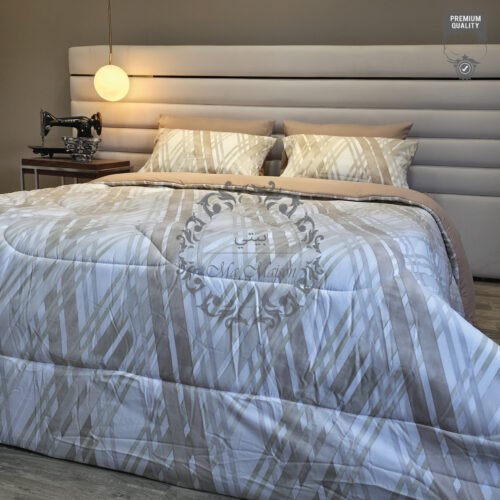 7 Couette 2 Places Graphique – Rayures Entrelacées Beige et Taupe